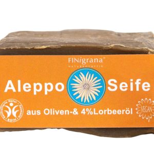 FINigrana Aleppo Olivenseife mit 4% Lorbeeröl, 180g traditionell handgeschnitten