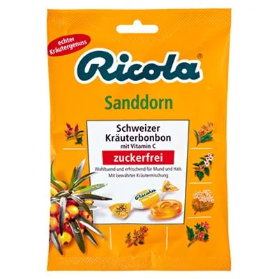 Ricola, Schweizer Kräuterbonbon, Sanddorn, 75 g Beutel
