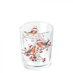 Tea light holder Christmas robins white