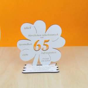 Zum 65. Geburtstag, Vintage Gutscheingeschenk großes Kleeblatt 16 cm 365 Tage Freude, 8760 Stunden Gesundheit…