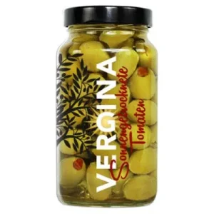 Vergina, Grüne Oliven, gefüllt mit sonnengetrockneten Tomaten, 720 ml Glas