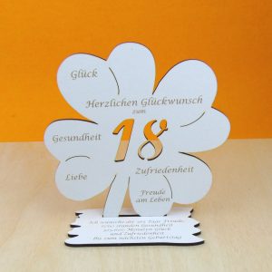 Zum 18. Geburtstag, Vintage Gutscheingeschenk großes Kleeblatt 16 cm 365 Tage Freude, 8760 Stunden Gesundheit…