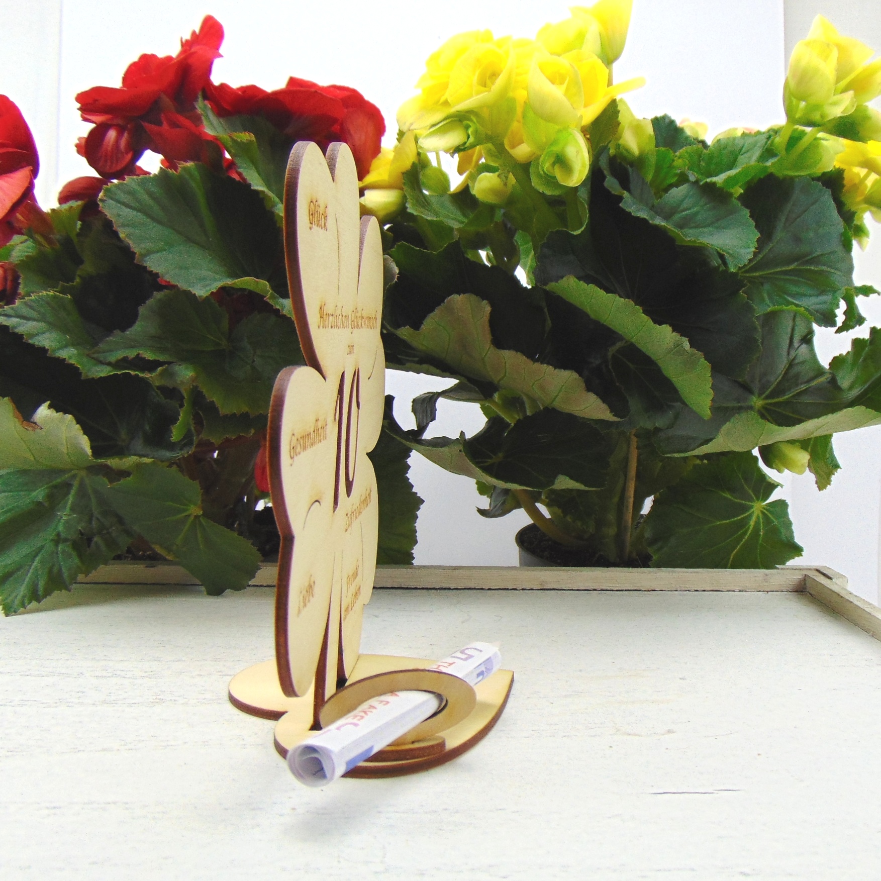 Geldgeschenk zum 20. Geburtstag, Kleeblatt 11,7 cm / mit Gravur – Bild 2