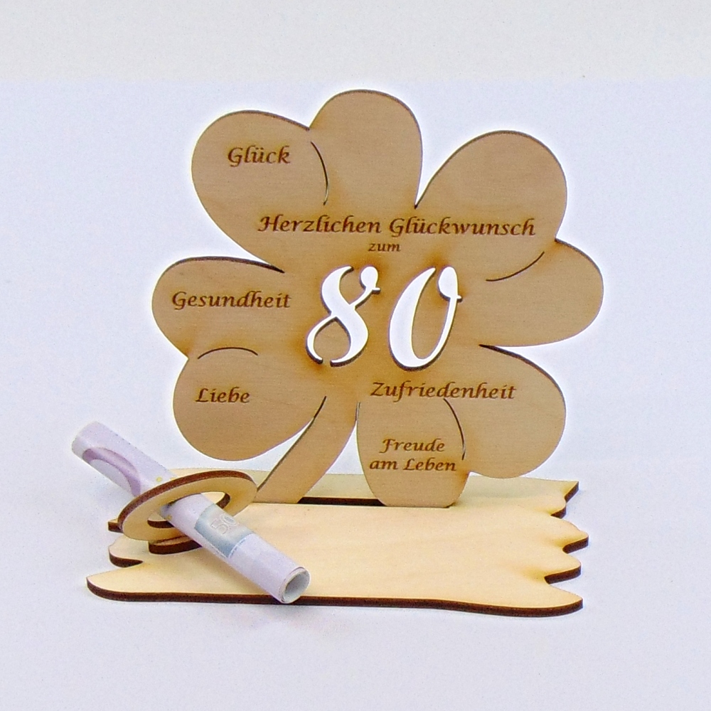 Geld- und Gutscheingeschenk zum 80. Geburtstag, Kleeblatt 11,7 cm / ohne Gravur – Bild 2