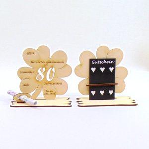Geld- und Gutscheingeschenk zum 80. Geburtstag, Kleeblatt 11,7 cm / ohne Gravur