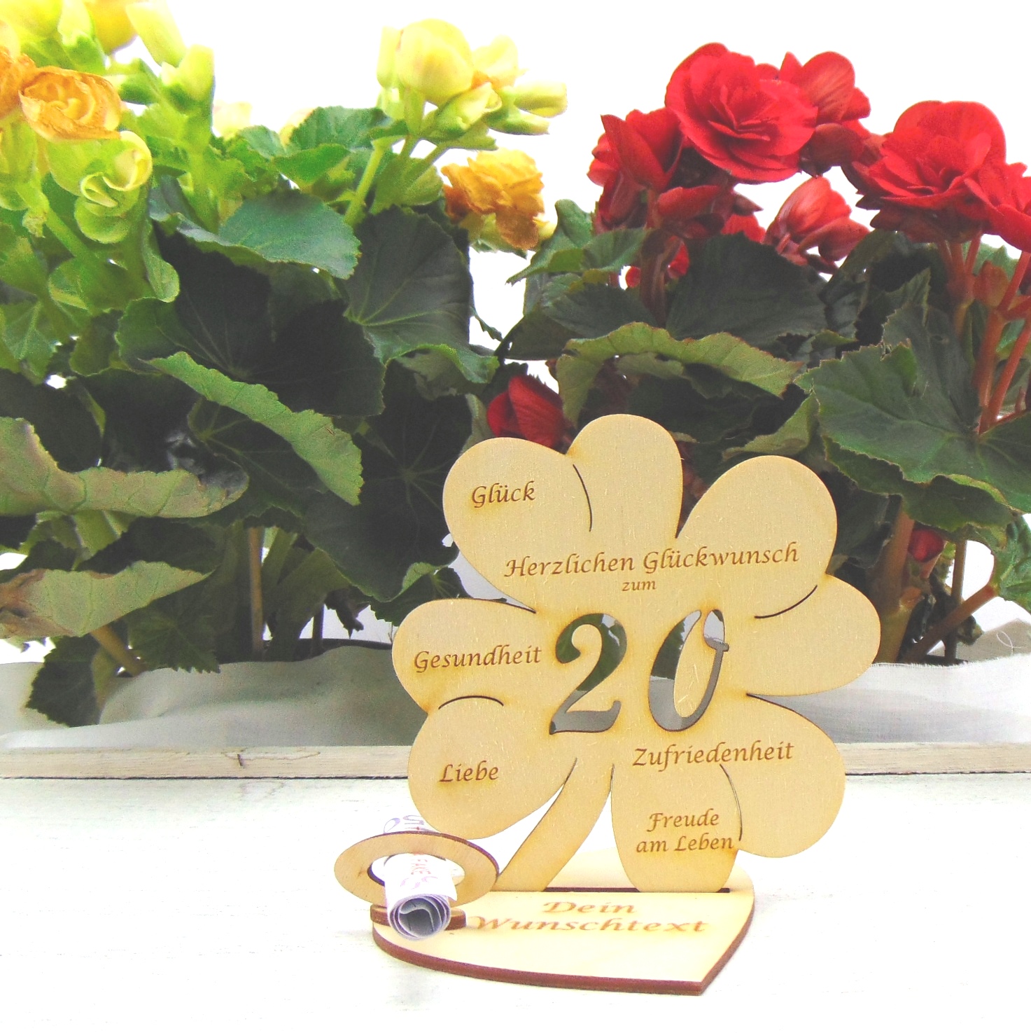 Geldgeschenk zum 20. Geburtstag, Kleeblatt 11,7 cm / mit Gravur