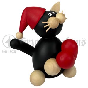 Weihnachtskatze Hilde mit Herz mit roter Zipfelmütze