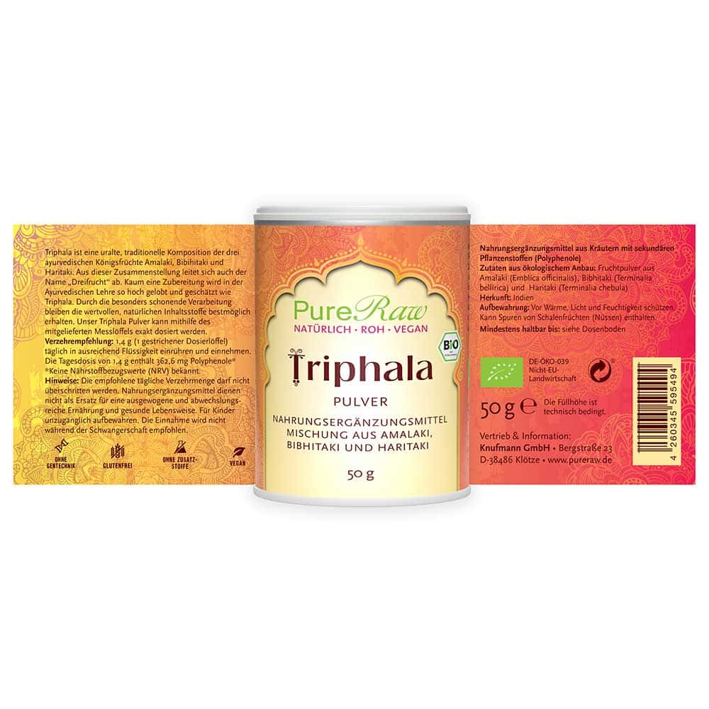 Triphala Pulver, Mischung aus Amalaki, Haritaki und Bibhitaki (Nahrungsergänzungsmittel aus Kräutern mit Polyphenolen) Bio, 50 g – Bild 2