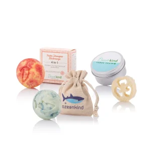 Duschkind | Starter Set – Festes Shampoo Blutorange und Ozeankind im Set mit Reisedose und Luffascheibe
